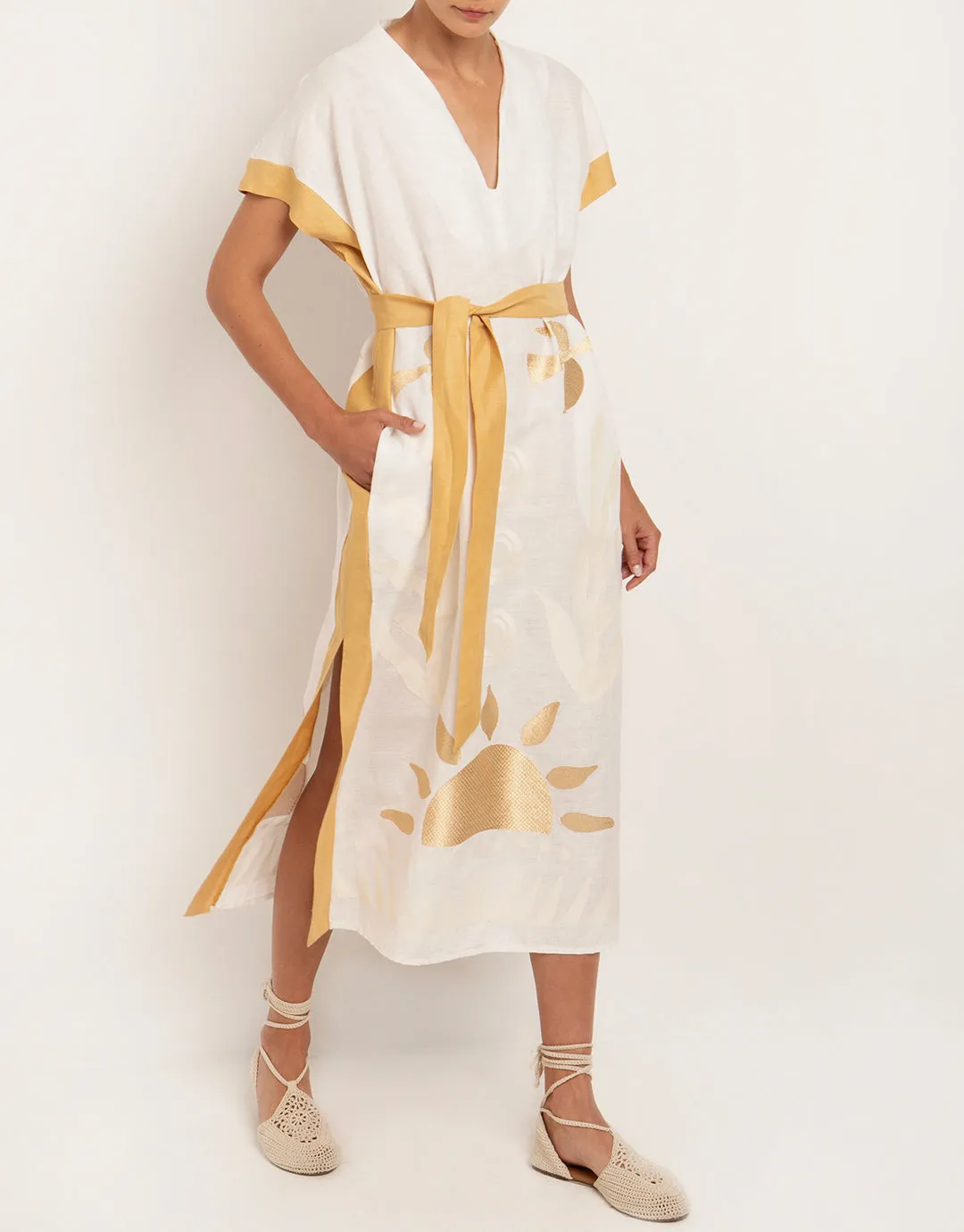 Sun Midi Kaftan  - White and Yellow