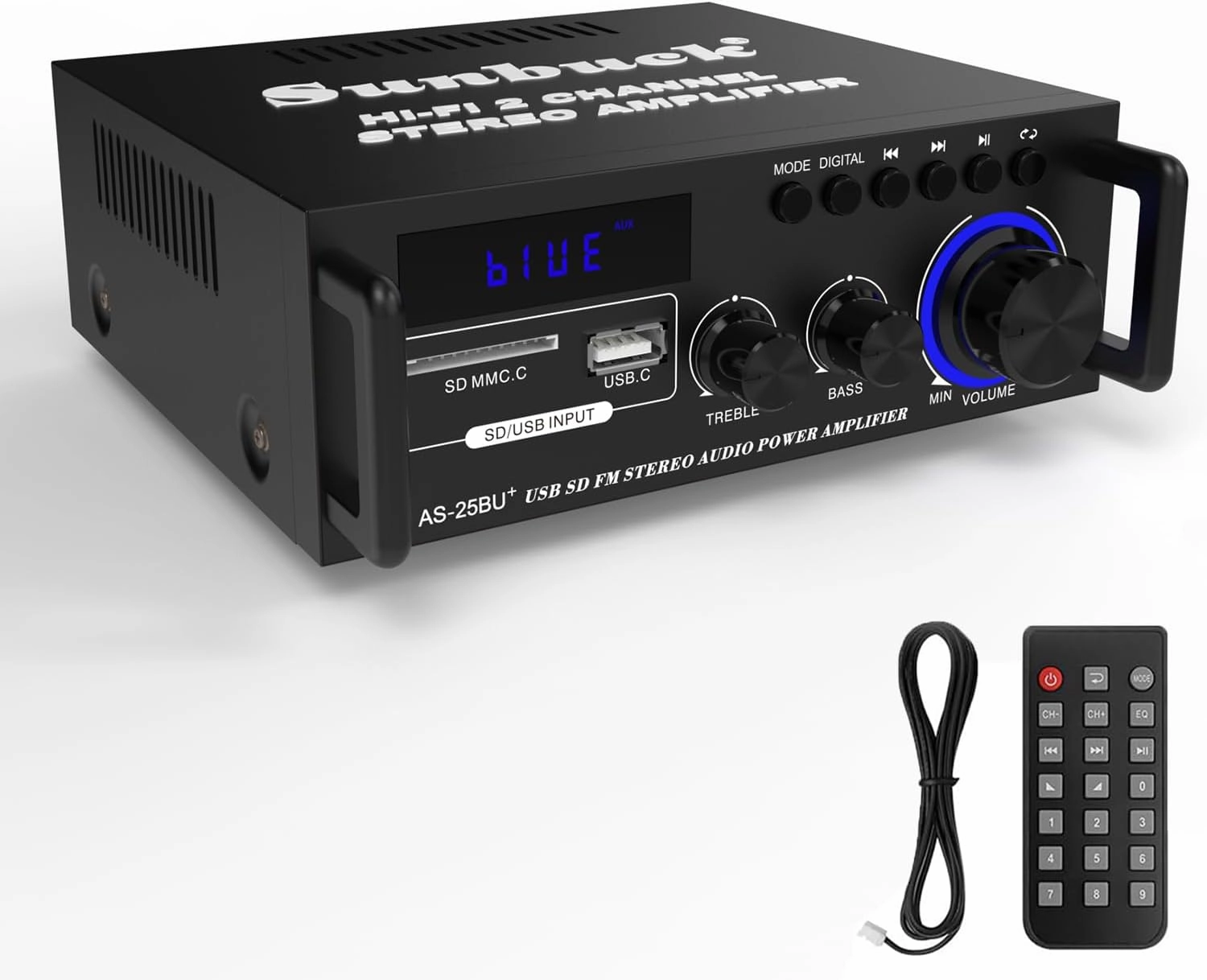 Sunbuck Small Stereo Receivers, Optical/Coaxial Jacks for TV/CD/DVD/LP/PC, Support 192kHz Audio, Stereo Amplifier for Home Audio, Max 300Wx2 Power, Bluetooth Compact System for Speakers, AS-25BU AV receiver,surround receiver,home theater amplifier,