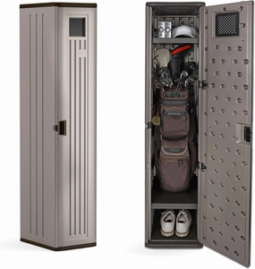 Suncast Garage and Golf Storage Organizer  Golf Rack and Bag Storage, Hall Tree with Shoe Cubby, Heavy-Duty Resin Locker Cabinet with Adjustable Shelves, Lockable, for Golf Equipment, Made in the USA equipment cabinet,AV gear cabinet,component enclosure,