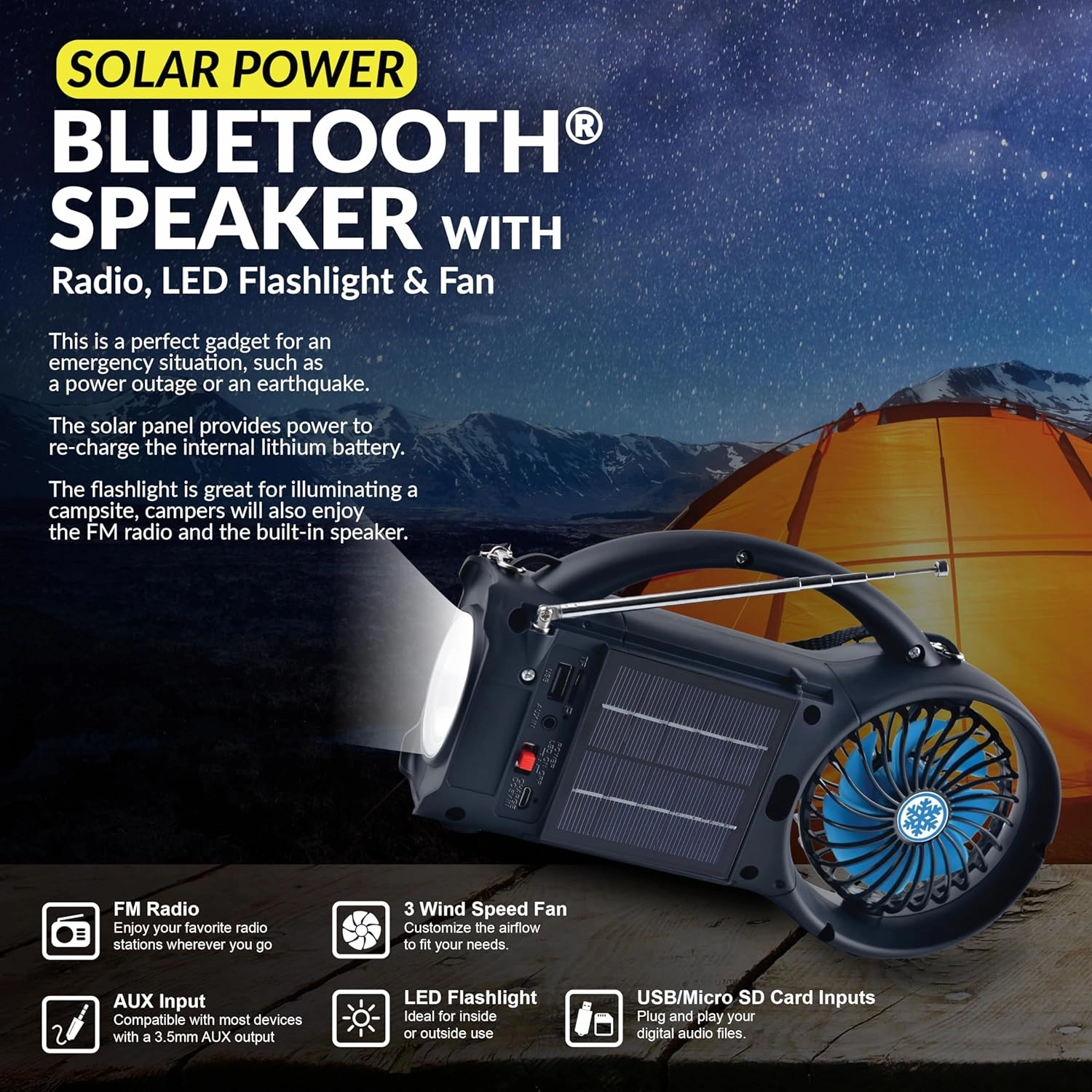Supersonic SC-1073ERF Solar Power Bluetooth Speaker with FM Radio, LED Torch Light and Fan USB/SD Input, FM Radio, 3 Wind Speed, for Picnic, Barbecue, Camping, Hurricane Emergency