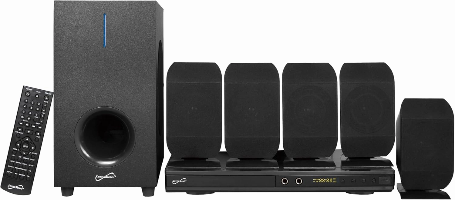 Supersonic SC-38HT 5.1 Surround Channel DVD Home Theater System with DVD/CD Support, Karaoke Mic Jacks, USB Input, FM Radio, 75W Speaker Output, Multi-Language Support, and Remote Control! surround sound system,cinema audio kit,5.1 surround package,