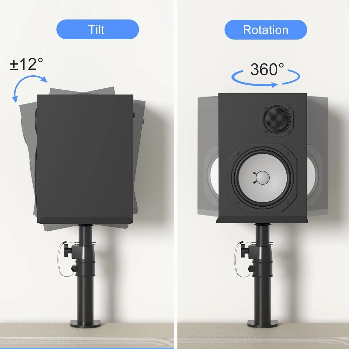 suptek Clamp-on Speaker Stand Desk Mount Set, Height Adjustment, Tilt, Swivel, 9.6 x 8.8 inch Trays, Universal Audio Holders for Computer and Bookshelf Speakers, Elevated Sound, 2 Pack, Black, SDM001B