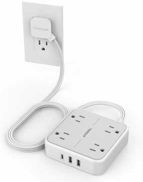 Surge Protector Flat Extension Cord 5Ft, TESSAN Flat Plug Power Strip with 4 Outlets 3 USB Ports (1 USB C), 900 Joules Protection, Multiple Wall Outlet Extender Suitable for Home Office Dorm, Grey power cord,hi-fi power cable,AC power lead,