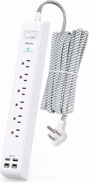 Surge Protector Power Strip 10 ft with 4 USB Ports 2 USB-C 6 AC Outlets, Flat Plug Extension Cord, USB Charging Station, Wall Mountable for Home, Office, Dorm Essentials, 1080J, ETL Listed power cord,hi-fi power cable,AC power lead,