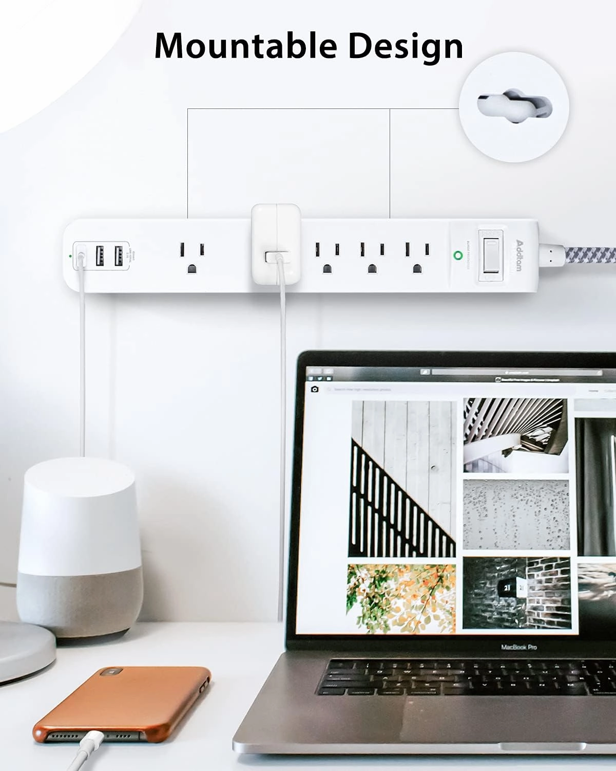 Surge Protector Power Strip - 10 FT Long Extension Cord with 5 Widely AC Outlets 3 USB Ports, Flat Plug with Overload Surge Protection for Home, Office, Dorm Essentials (2 Pack)
