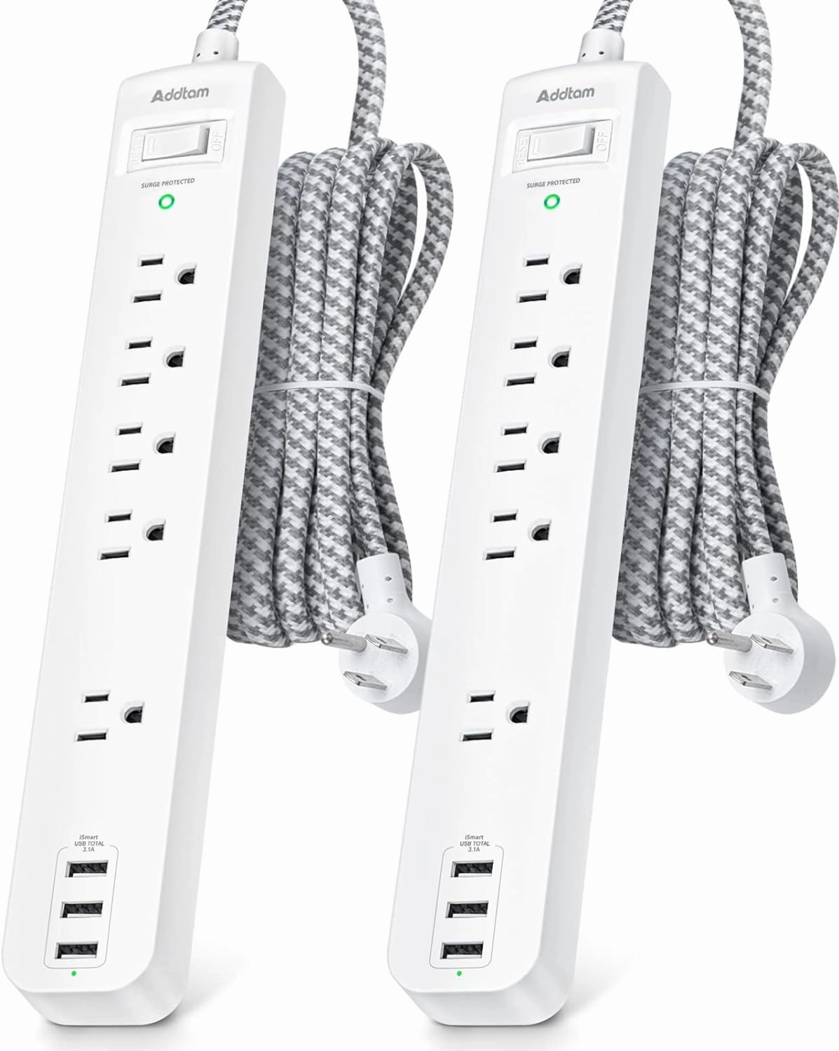 Surge Protector Power Strip - 10 FT Long Extension Cord with 5 Widely AC Outlets 3 USB Ports, Flat Plug with Overload Surge Protection for Home, Office, Dorm Essentials (2 Pack) power cord,hi-fi power cable,AC power lead,