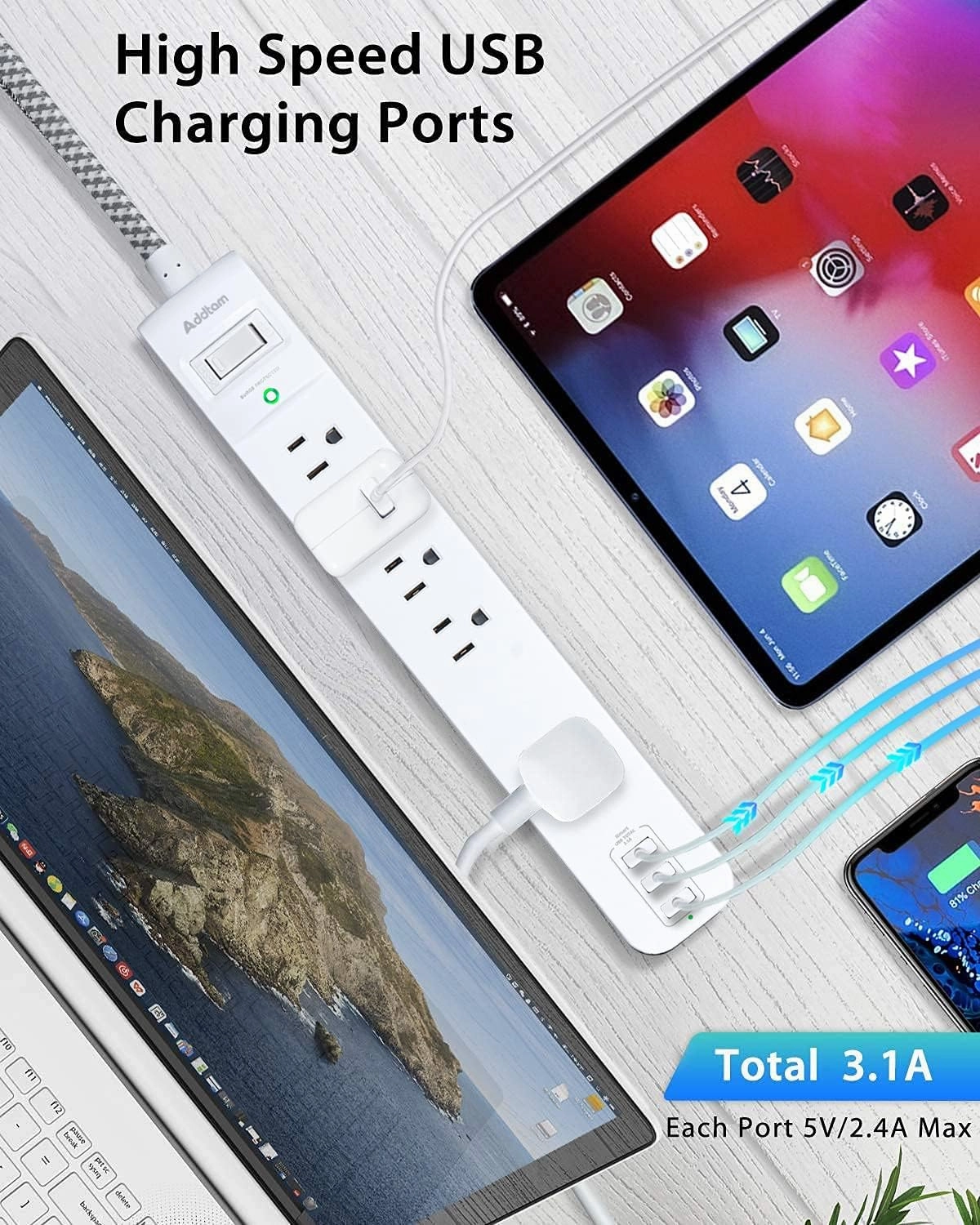 Surge Protector Power Strip - 10 FT Long Extension Cord with 5 Widely AC Outlets 3 USB Ports, Flat Plug with Overload Surge Protection for Home, Office, Dorm Essentials (2 Pack)