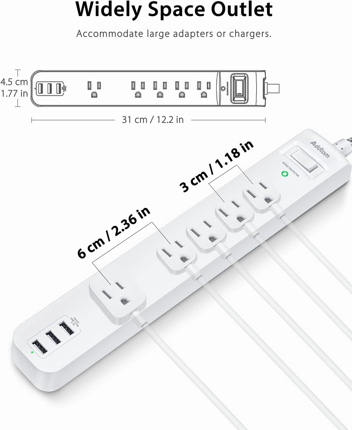 Surge Protector Power Strip - 10 FT Long Extension Cord with 5 Widely AC Outlets 3 USB Ports, Flat Plug with Overload Surge Protection for Home, Office, Dorm Essentials (2 Pack)