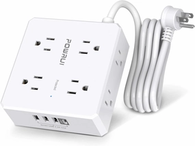Surge Protector Power Strip - 6 Ft Flat Plug Extension Cord with 8 Widely Outlets and 4 USB Ports(1 USB C), 3 Side Outlet Extender for Home Office, White, ETL Listed power cord,hi-fi power cable,AC power lead,