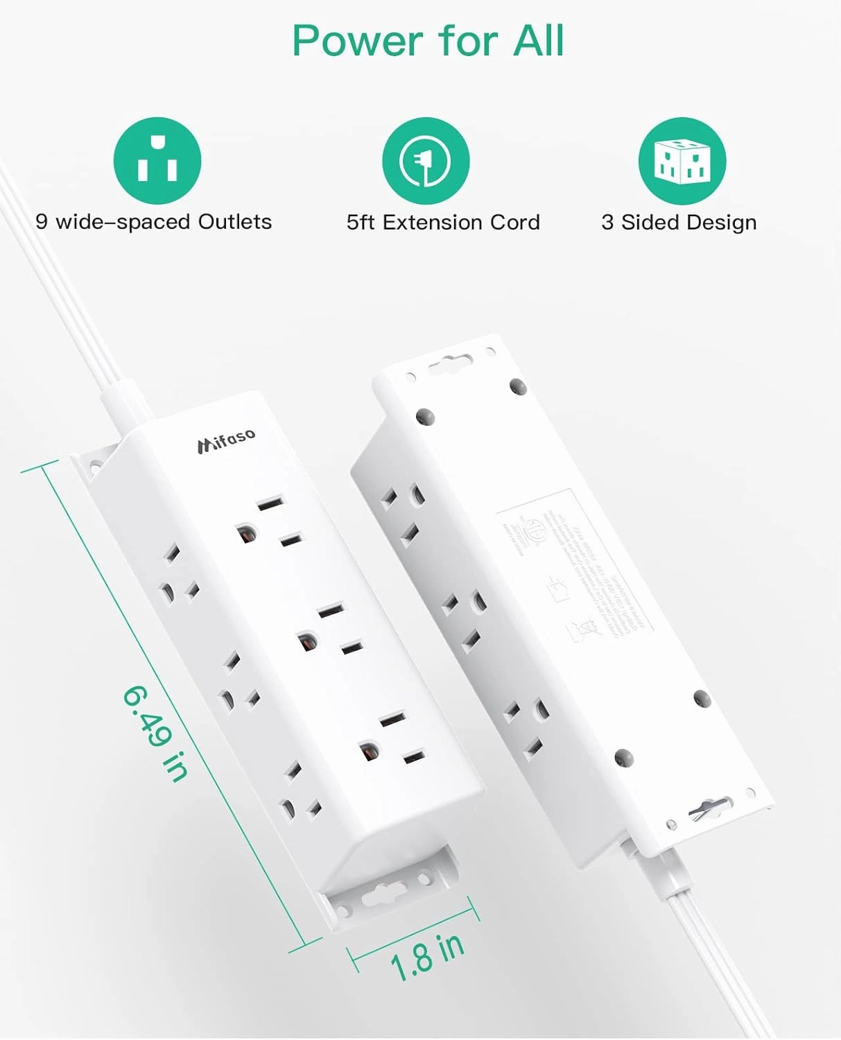 Surge Protector Power Strip - 9 Widely Spaced Multi Outlets, Wall Mount, 3 Side Outlet Extender with 5Ft Extension Cord, Flat Plug for Home Office