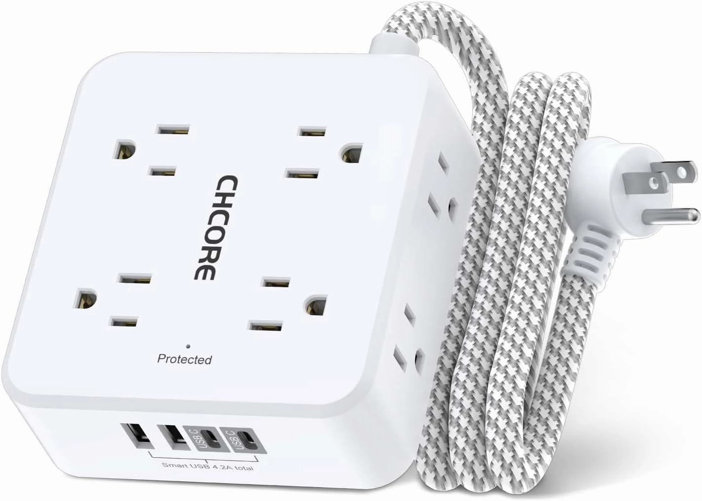 Surge Protector Power Strip - CHCORE 5Ft Braided Extension Cord with 8 Outlets with 4 USB (2 USB C) Charging Ports, Flat Plug Multi Plug Outlet Extender Charging Station for Home Office, ETL, White power cord,hi-fi power cable,AC power lead,
