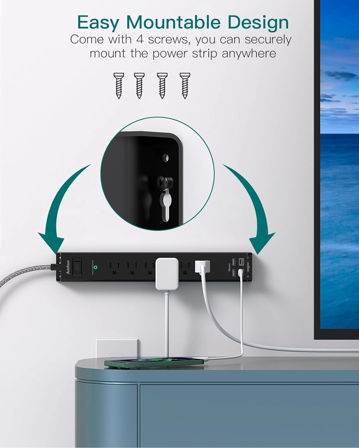 Surge Protector Power Strip - Extension Cord with 6 AC Outlets 4 USB (2 USB-C Ports), Flat Plug with Overload Surge Protection, Wall Mount, 5ft, Outlet Extender for Home Office Dorm Room Essentials