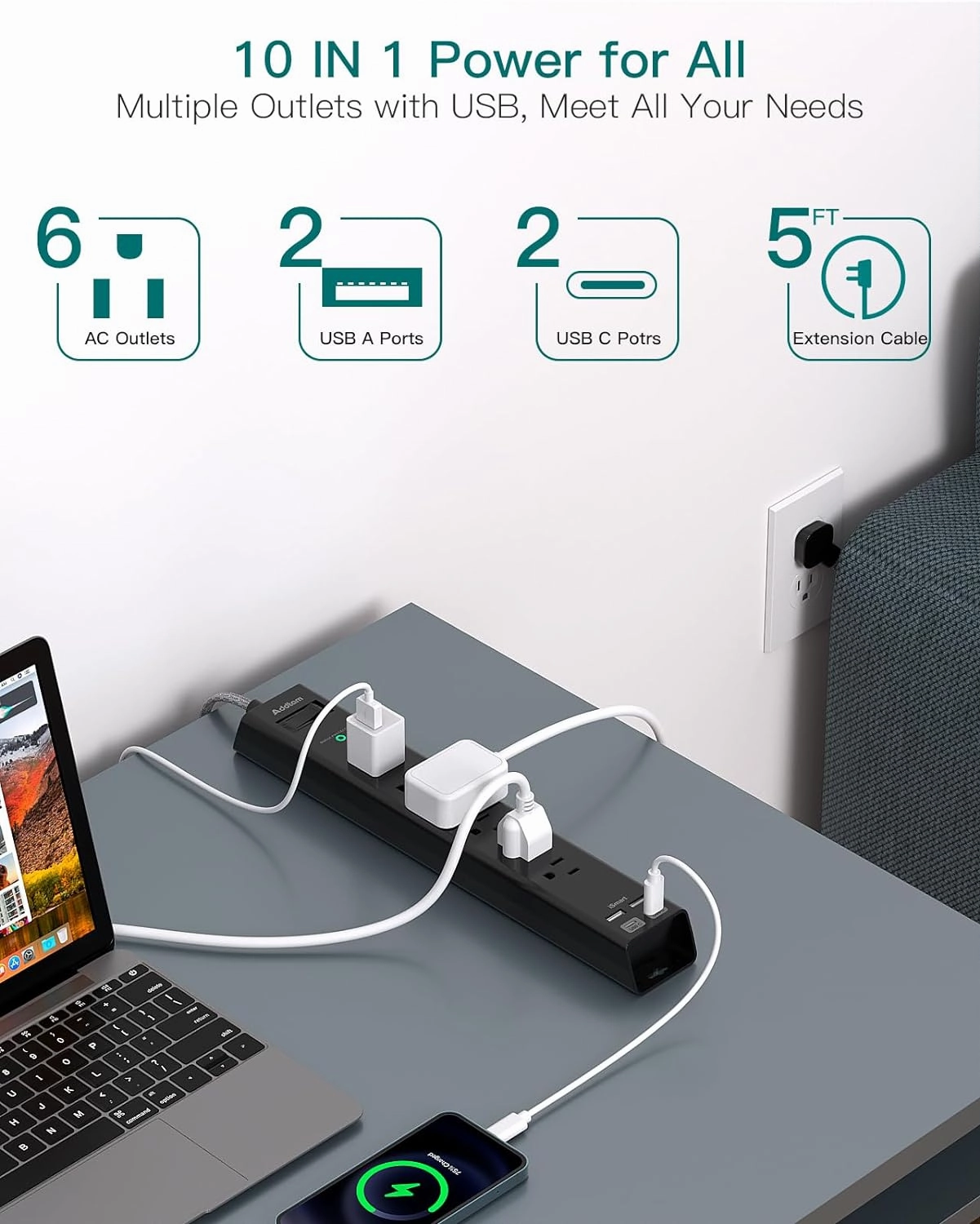 Surge Protector Power Strip - Extension Cord with 6 AC Outlets 4 USB (2 USB-C Ports), Flat Plug with Overload Surge Protection, Wall Mount, 5ft, Outlet Extender for Home Office Dorm Room Essentials