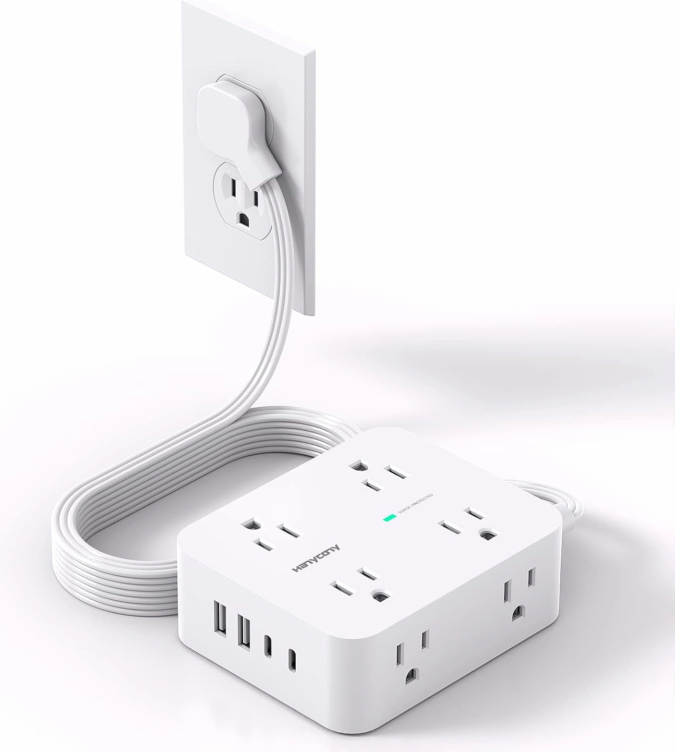 Surge Protector Power Strip, HANYCONY Extension Cord with Multiple Outlets, 5 Ft Ultra Thin Flat Plug 8 Outlets 4 USB Ports(2USB C), 1080J Outlet Extender for Home Office College Dorm Room Essentials power cord,hi-fi power cable,AC power lead,