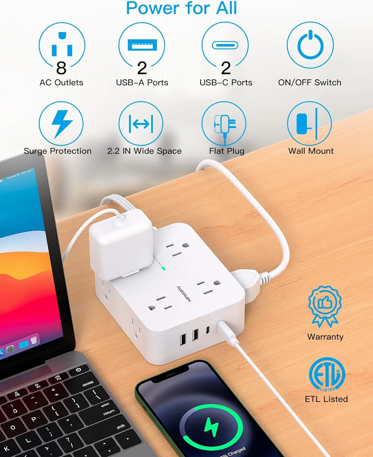Surge Protector Power Strip, HANYCONY Extension Cord with Multiple Outlets, 5 Ft Ultra Thin Flat Plug 8 Outlets 4 USB Ports(2USB C), 1080J Outlet Extender for Home Office College Dorm Room Essentials