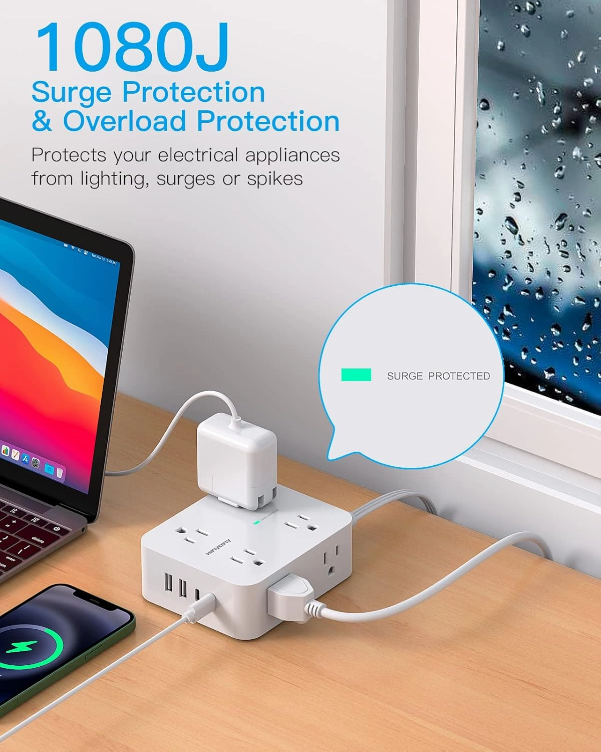 Surge Protector Power Strip, HANYCONY Extension Cord with Multiple Outlets, 5 Ft Ultra Thin Flat Plug 8 Outlets 4 USB Ports(2USB C), 1080J Outlet Extender for Home Office College Dorm Room Essentials