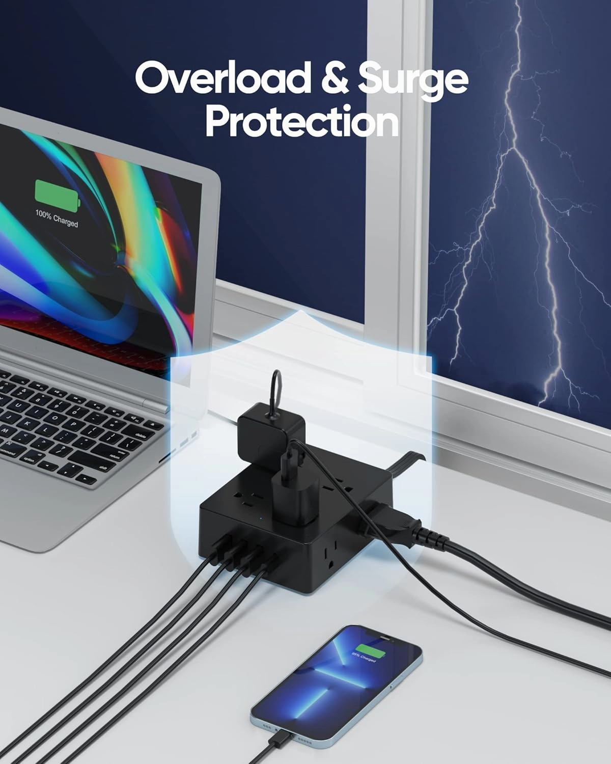 Surge Protector Power Strip, Olcorife Ultra Thin Flat Plug Extension Cord 5ft, 8 Outlets 4 USB Ports(1 USB C), Flat Wall Plug Outlet Extender, College Dorm Room Essentials, Black