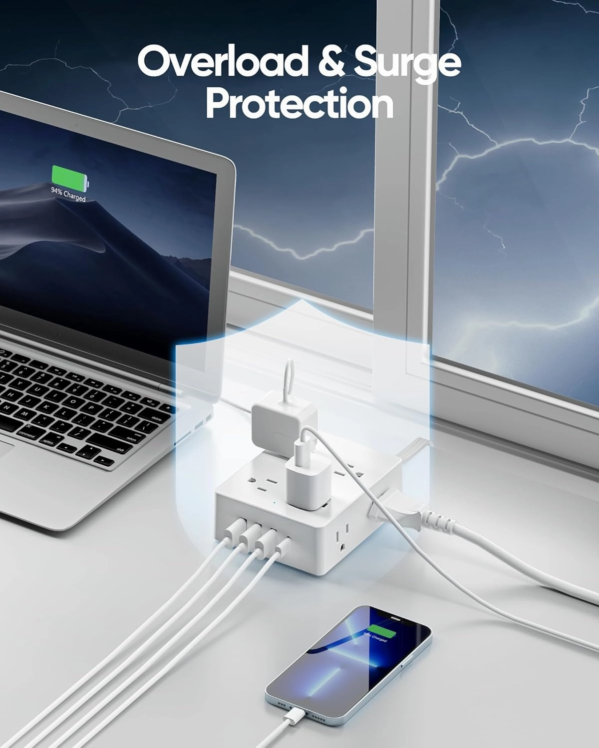 Surge Protector Power Strip, Olcorife Ultra Thin Flat Plug Extension Cord 5ft, 8 Outlets 4 USB Ports(1 USB C), Flat Wall Plug Outlet Extender, College Dorm Room Essentials, White