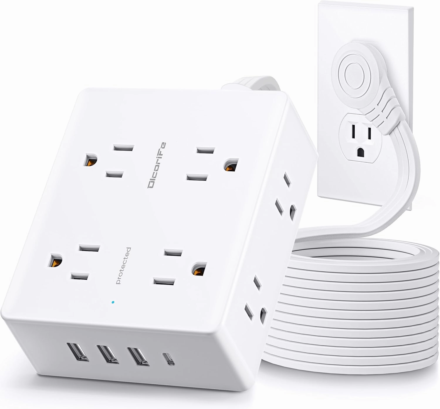 Surge Protector Power Strip, Olcorife Ultra Thin Flat Plug Extension Cord 5ft, 8 Outlets 4 USB Ports(1 USB C), Flat Wall Plug Outlet Extender, College Dorm Room Essentials, White power cord,hi-fi power cable,AC power lead,