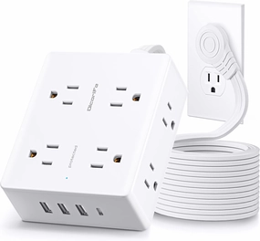 Surge Protector Power Strip, Olcorife Ultra Thin Flat Plug Extension Cord 5ft, 8 Outlets 4 USB Ports(1 USB C), Flat Wall Plug Outlet Extender, College Dorm Room Essentials, White power cord,hi-fi power cable,AC power lead,