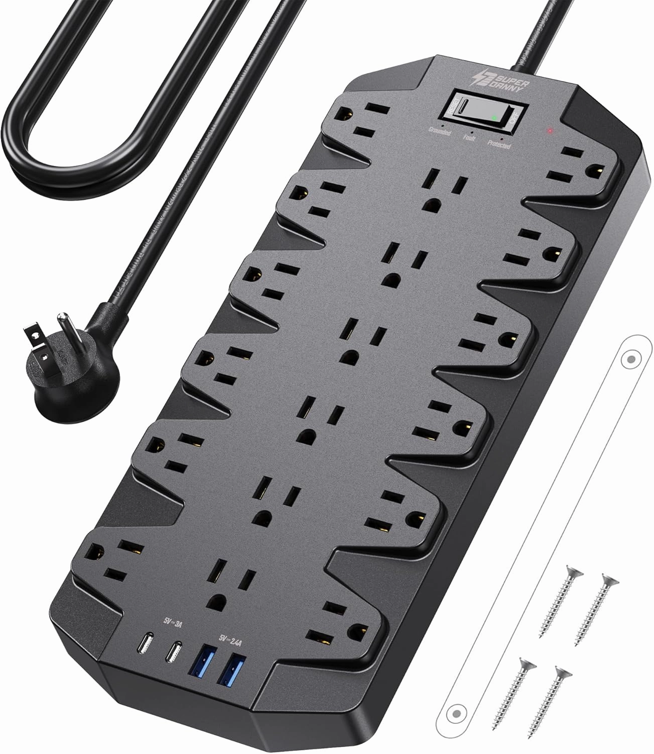 Surge Protector Power Strip, SUPERDANNY 18 AC Outlets with 4 USB Ports, 1875W/15A, 2100J, 6.5FT Flat Plug Heavy Duty Extension Cord with Wall Mount Holes for Home, Office, Gaming Room,Dorm, Black power cord,hi-fi power cable,AC power lead,