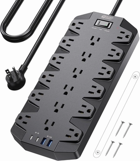 Surge Protector Power Strip, SUPERDANNY 18 AC Outlets with 4 USB Ports, 1875W/15A, 2100J, 6.5FT Flat Plug Heavy Duty Extension Cord with Wall Mount Holes for Home, Office, Gaming Room,Dorm, Black power cord,hi-fi power cable,AC power lead,