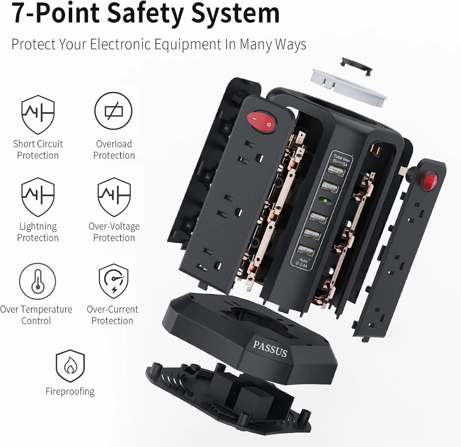 Surge Protector Power Strip Tower with 5 USB Ports and Night Light,10FT Extension Cord with 12 AC Multiple Outlets, PASSUS Power Tower Overload Protection for Home Office Dorm Room Essentials(Black)