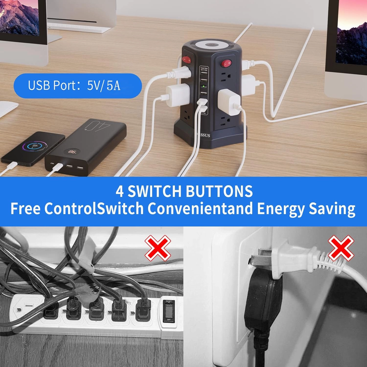 Surge Protector Power Strip Tower with 5 USB Ports and Night Light,10FT Extension Cord with 12 AC Multiple Outlets, PASSUS Power Tower Overload Protection for Home Office Dorm Room Essentials(Black)