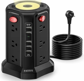 Surge Protector Power Strip Tower with 5 USB Ports and Night Light,10FT Extension Cord with 12 AC Multiple Outlets, PASSUS Power Tower Overload Protection for Home Office Dorm Room Essentials(Black) power cord,hi-fi power cable,AC power lead,