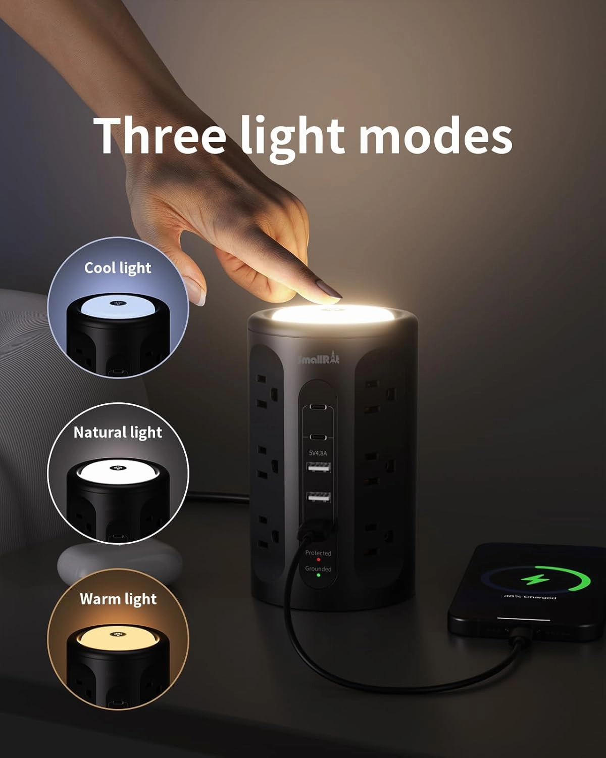 Surge Protector Power Strip Tower with 5 USB Ports and Night Light,10FT Extension Cord with 12 AC Multiple Outlets