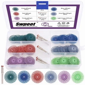 Swpeet 66Pcs 1 Inch 6 Mixed Grit 80/120/220/400/600/1000 Radial Bristle Disc Abrasive Brush Gap Polishing Pad Buffing Wheel Assortment Kit with 1/8" Shank for Rotary Tools Cleaning Finishing Deburring record cleaning kit,vinyl cleaner,stylus brush set