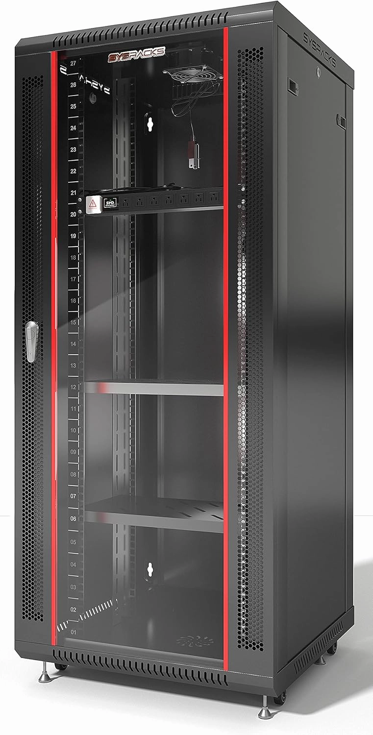 Sysracks - Server Rack  Wall Mount Rack - Locking Cabinet for Network - Electronics - Security - Audio - Video - AV Equipment - Data Rack - Legs/Power Strip/Shelf/Fan - 24-Inch Deep (27U) audio rack,hi-fi component stand,media shelf,