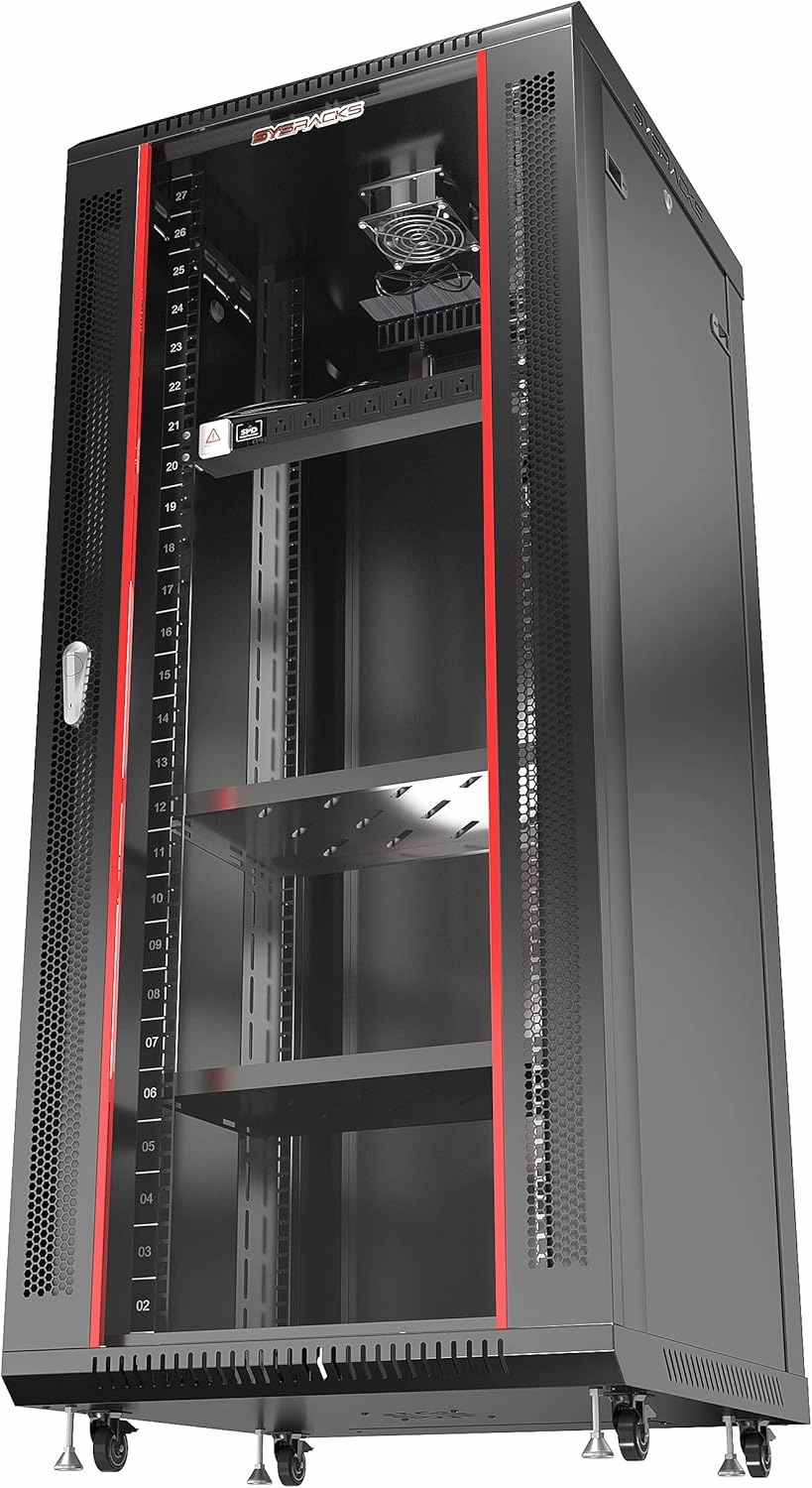 Sysracks - Server Rack  Wall Mount Rack - Locking Cabinet for Network - Electronics - Security - Audio - Video - AV Equipment - Data Rack - Legs/Power Strip/Shelf/Fan - 24-Inch Deep (27U)