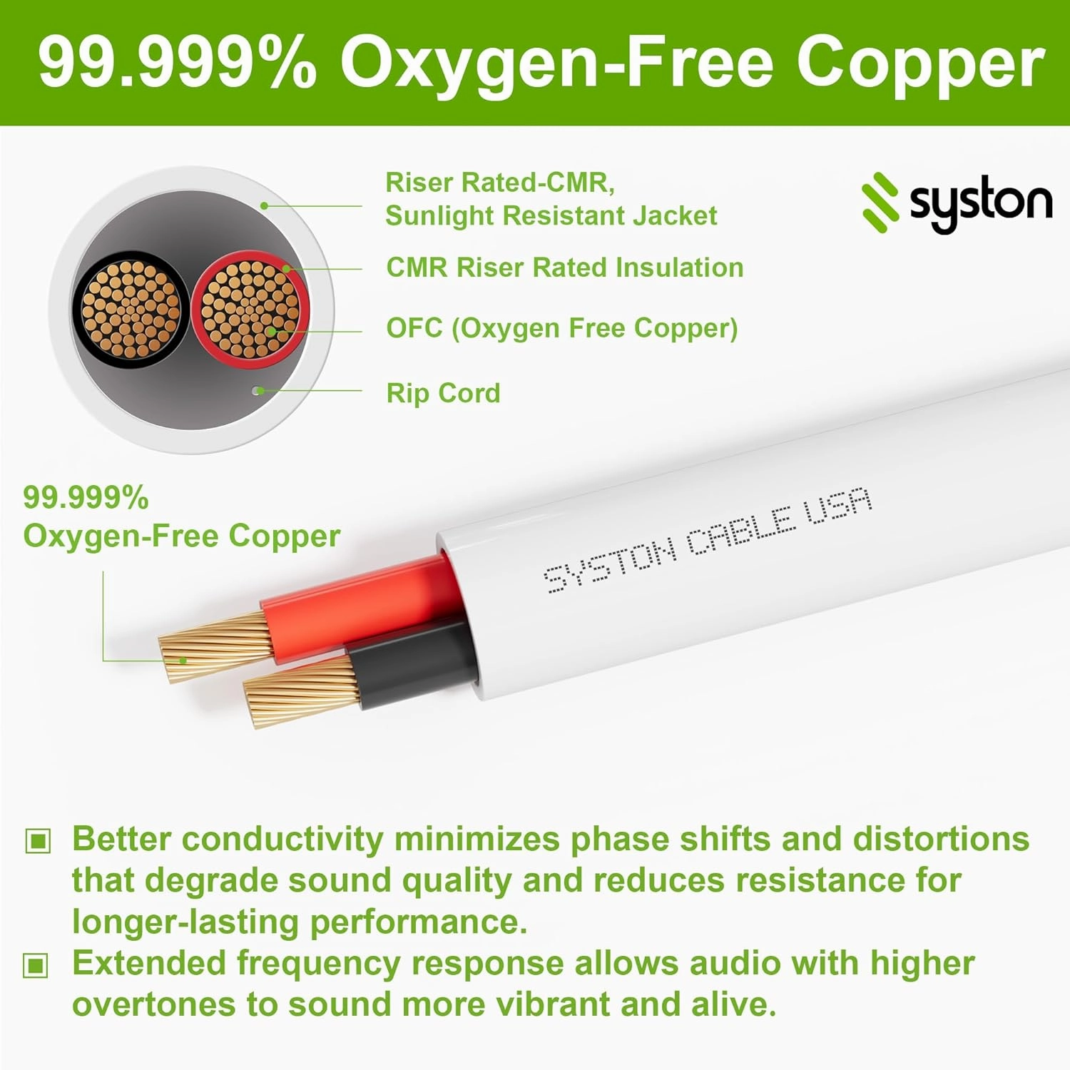 SYSTON 14/2 Speaker Audio Cable Wire Bulk, 14AWG 2C Strand OFC - Oxygen Free Copper Conductors, CMR Riser-Rated Indoor/Outdoor UV Resistant RoHS Compliant for Home Theater Car Speakers, White 100 FT