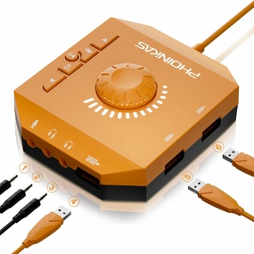 T10 External Sound Card, PHOINIKAS USB Audio Adapter for PC Windows, Mac, Linux, Laptops, Desktops, Stereo Sound Card with 3.5mm Interface & USB Interface, Volume Control, Plug & Play (6-in-1, Orange) audio interface,USB interface,music recording i