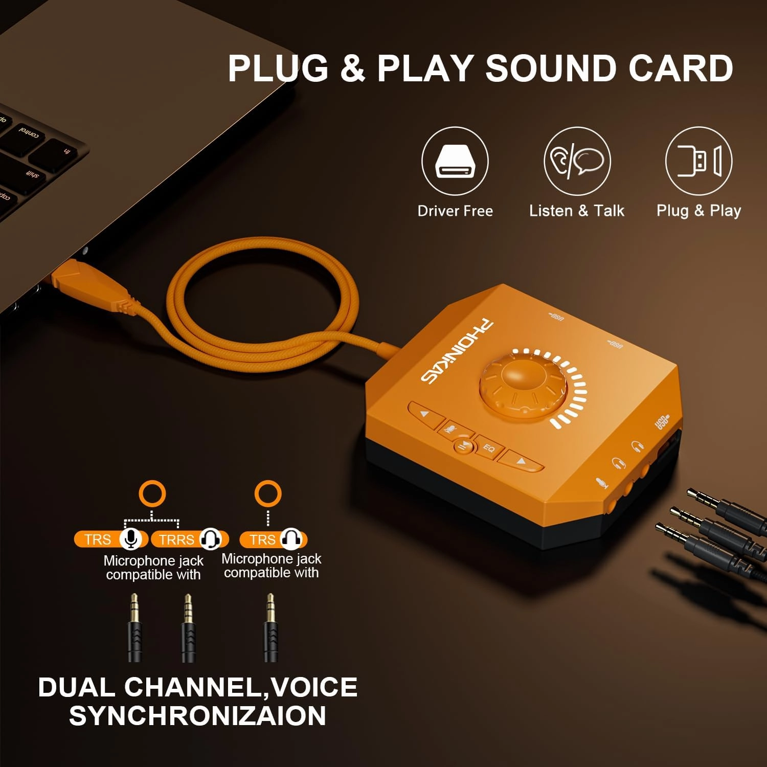 T10 External Sound Card, PHOINIKAS USB Audio Adapter for PC Windows, Mac, Linux, Laptops, Desktops, Stereo Sound Card with 3.5mm Interface & USB Interface, Volume Control, Plug & Play (6-in-1, Orange)