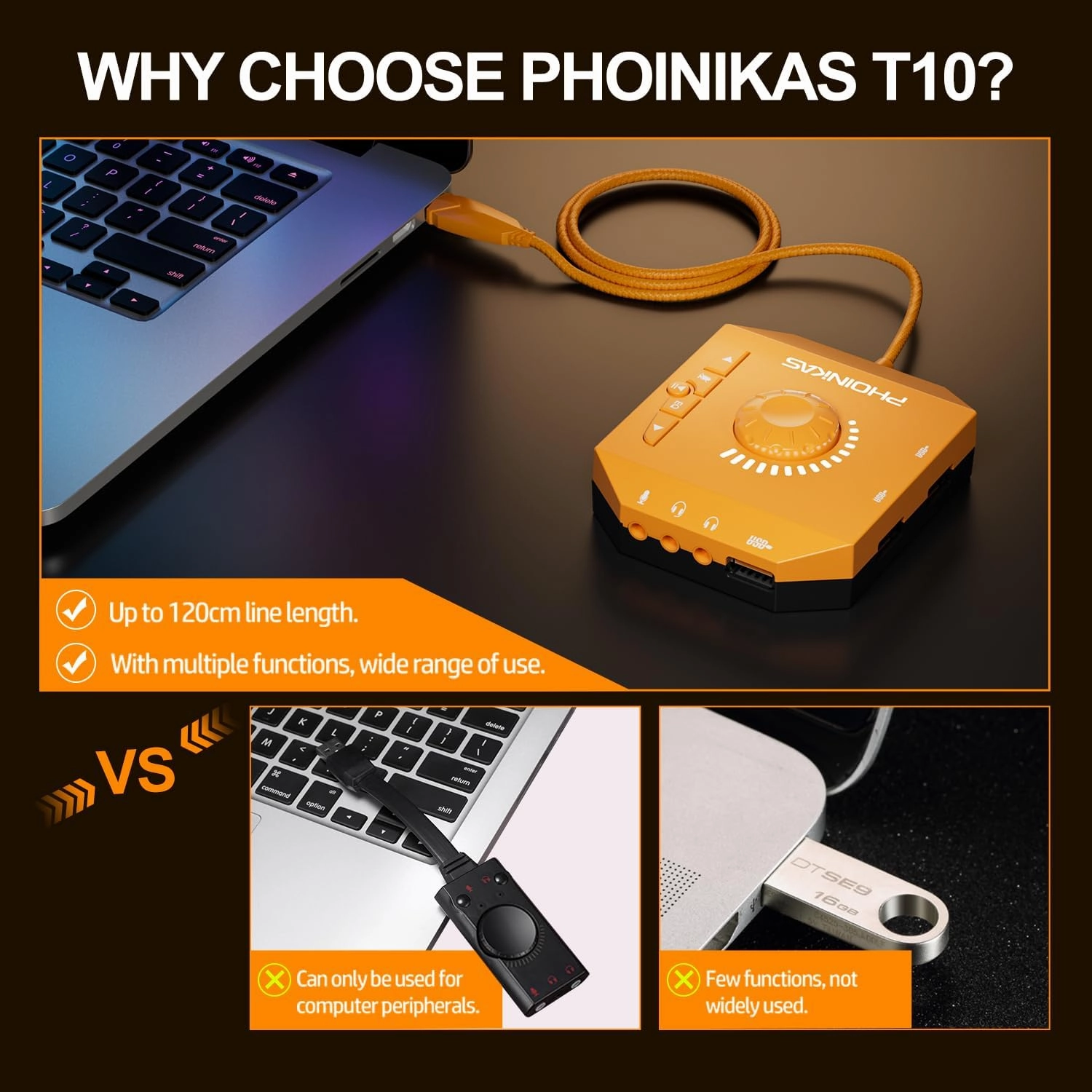 T10 External Sound Card, PHOINIKAS USB Audio Adapter for PC Windows, Mac, Linux, Laptops, Desktops, Stereo Sound Card with 3.5mm Interface & USB Interface, Volume Control, Plug & Play (6-in-1, Orange)