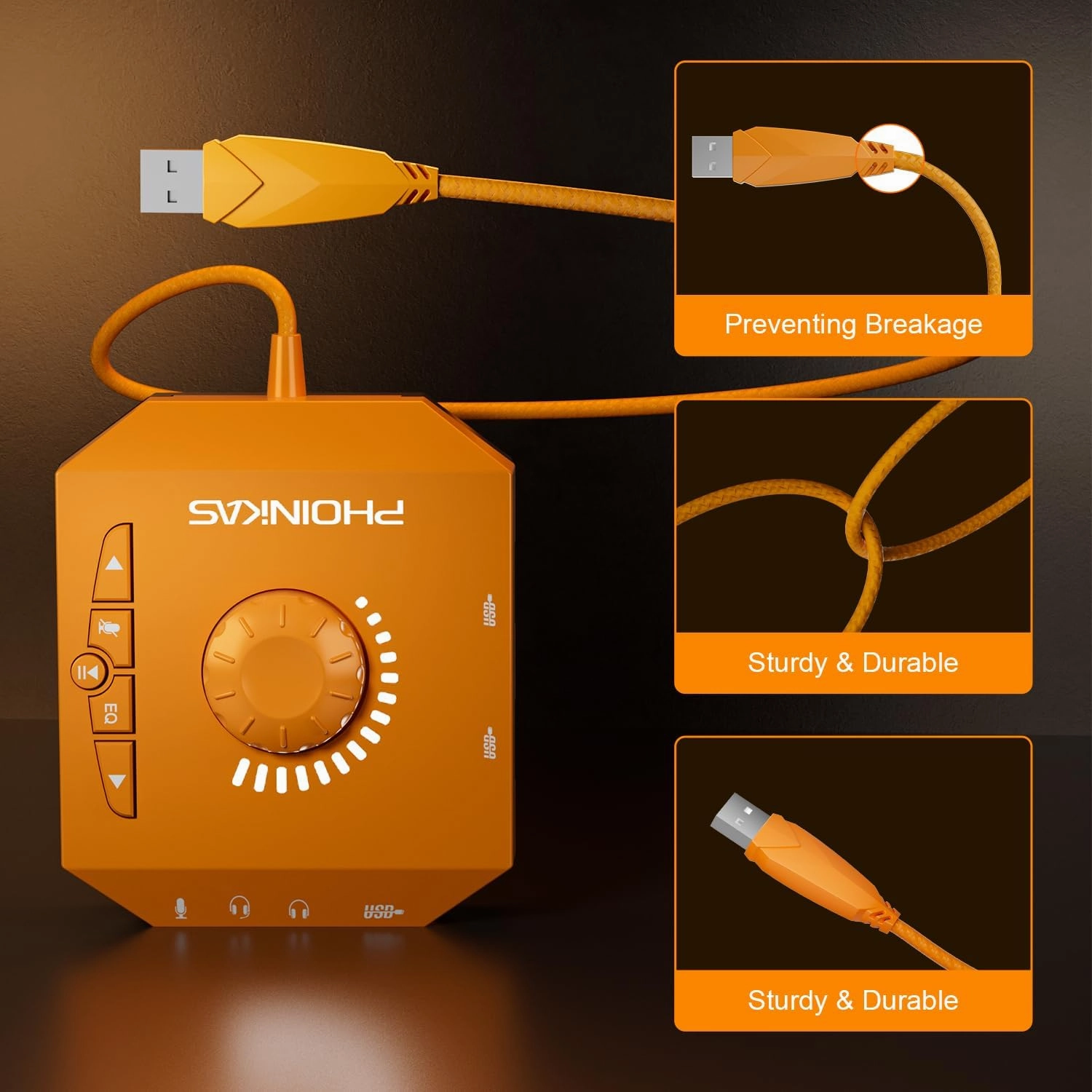 T10 External Sound Card, PHOINIKAS USB Audio Adapter for PC Windows, Mac, Linux, Laptops, Desktops, Stereo Sound Card with 3.5mm Interface & USB Interface, Volume Control, Plug & Play (6-in-1, Orange)