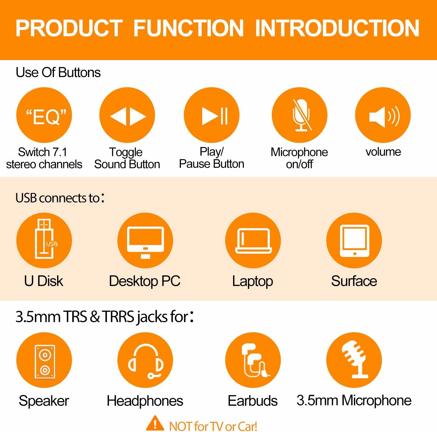 T10 External Sound Card, PHOINIKAS USB Audio Adapter for PC Windows, Mac, Linux, Laptops, Desktops, Stereo Sound Card with 3.5mm Interface & USB Interface, Volume Control, Plug & Play (6-in-1, Orange)