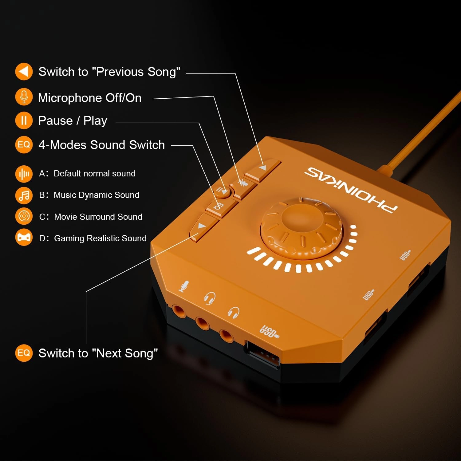 T10 External Sound Card, PHOINIKAS USB Audio Adapter for PC Windows, Mac, Linux, Laptops, Desktops, Stereo Sound Card with 3.5mm Interface & USB Interface, Volume Control, Plug & Play (6-in-1, Orange)