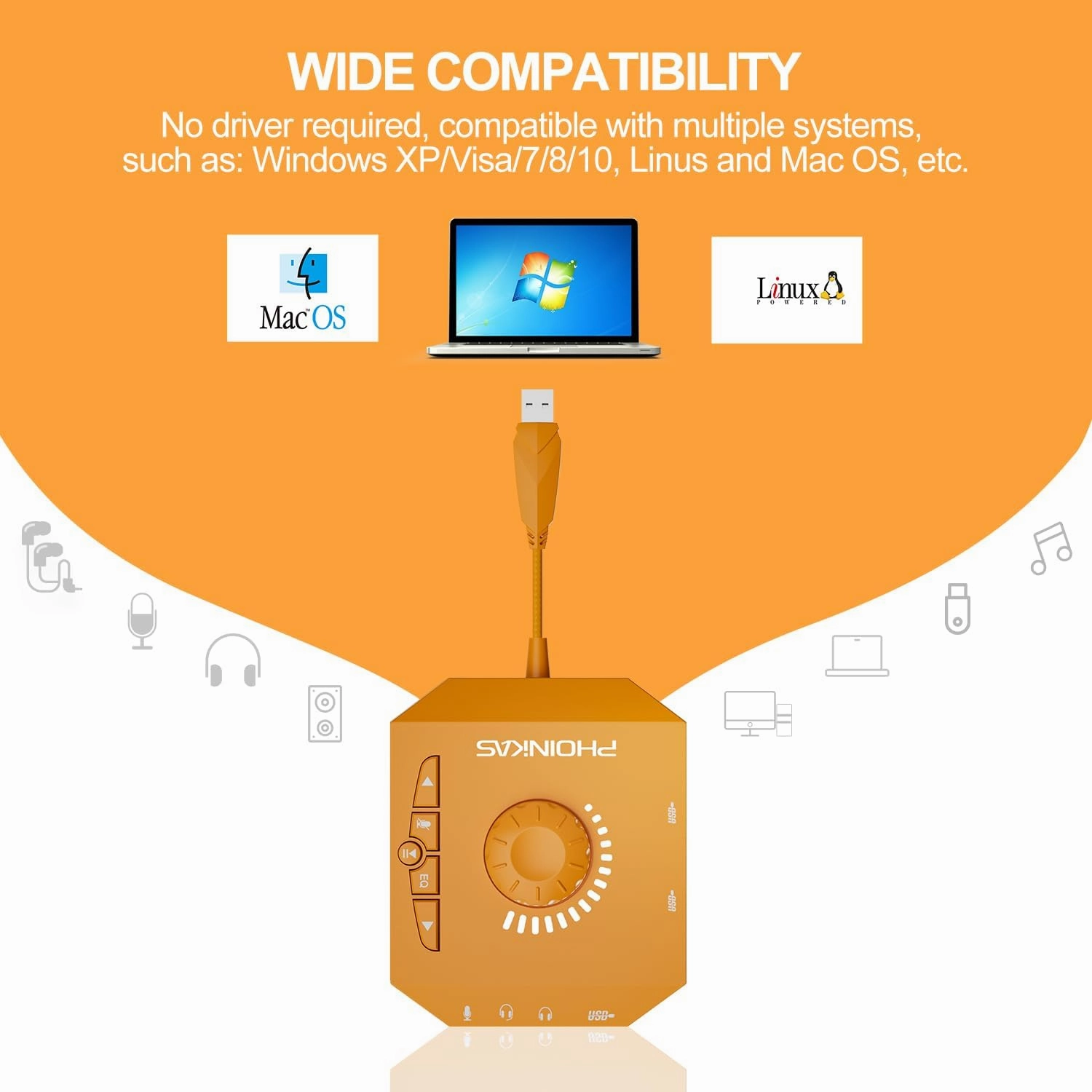 T10 External Sound Card, PHOINIKAS USB Audio Adapter for PC Windows, Mac, Linux, Laptops, Desktops, Stereo Sound Card with 3.5mm Interface & USB Interface, Volume Control, Plug & Play (6-in-1, Orange)
