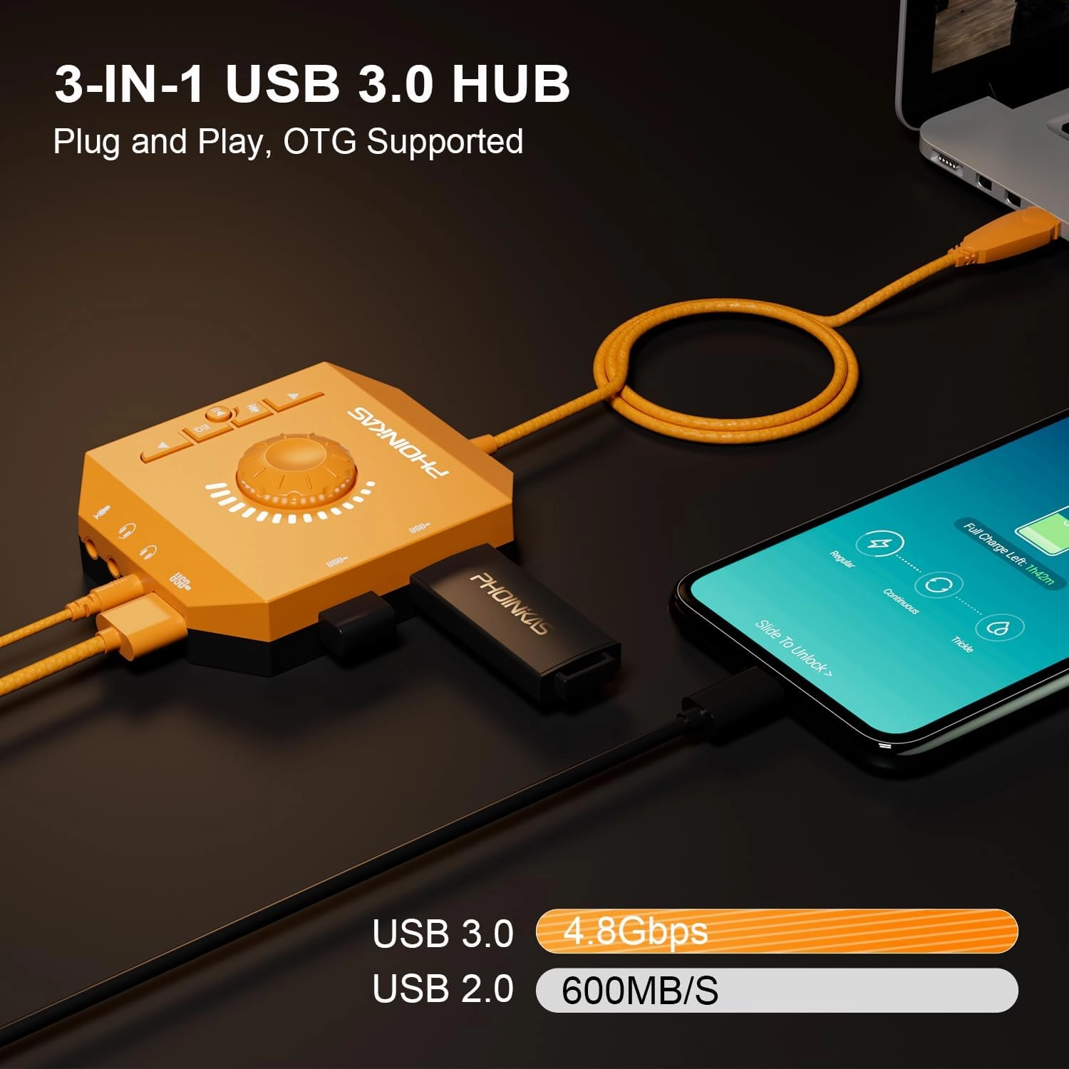 T10 External Sound Card, PHOINIKAS USB Audio Adapter for PC Windows, Mac, Linux, Laptops, Desktops, Stereo Sound Card with 3.5mm Interface & USB Interface, Volume Control, Plug & Play (6-in-1, Orange)