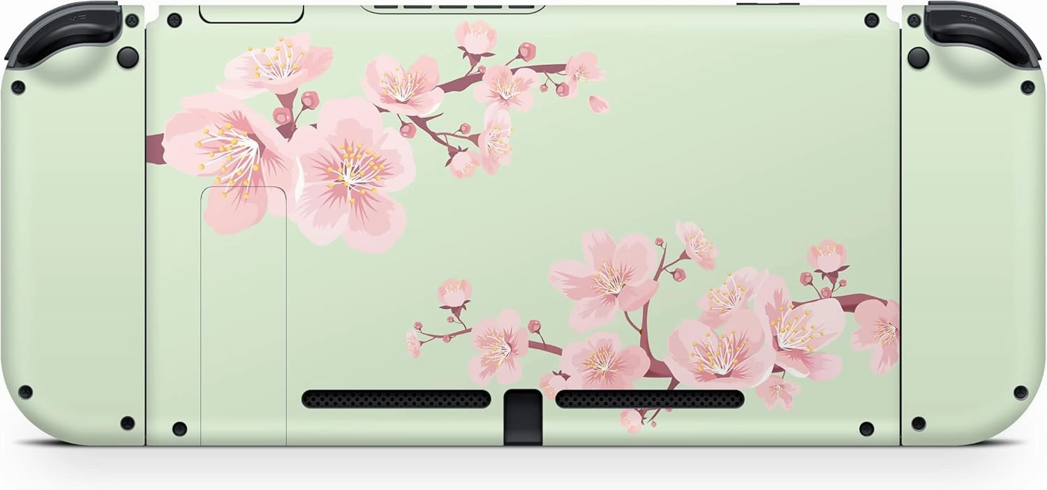 Tacky Design Japanese Cherry Blossom Skin Wrap Cover for Nintendo Switch, Beige Color Skin, Premium Vinyl 3M Full Wrap Decal (Mint Green)