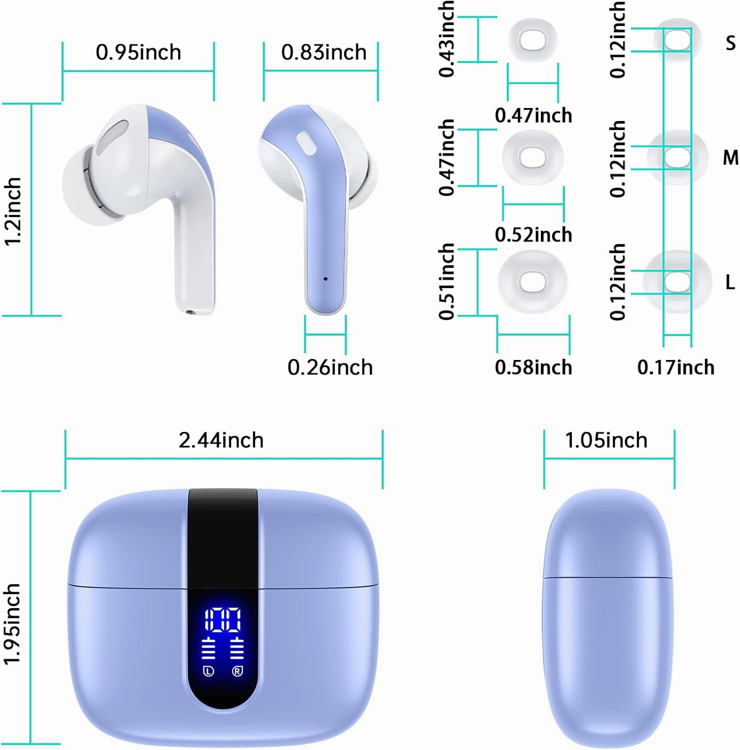 TAGRY Bluetooth Headphones True Wireless Earbuds 60H Playback LED Power Display Earphones with Wireless Charging Case IPX5 Waterproof in-Ear Ear buds with Mic for TV Smart Phone Laptop Computer Sports