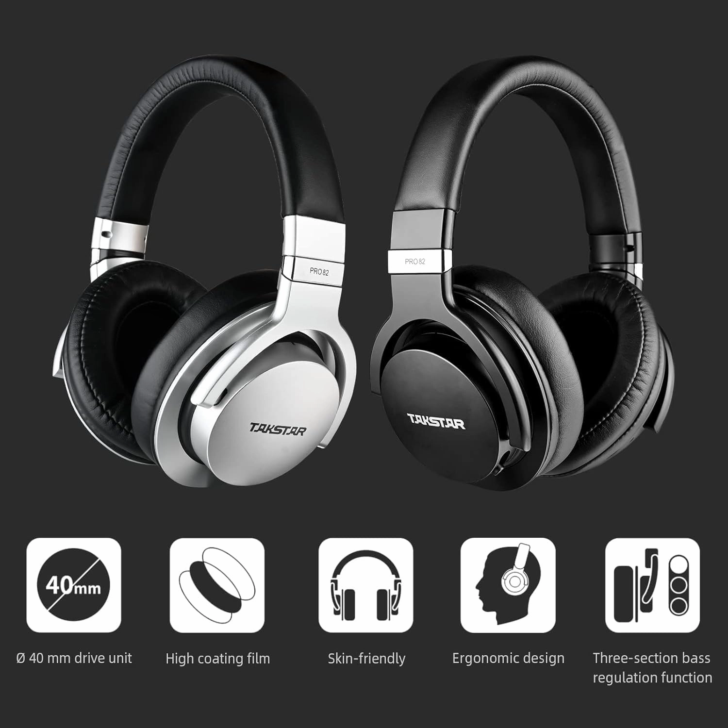 TAKSTAR Over-Ear Monitor Headphones, 40mm NdFeB Driver, 3 Level Bass Adjust, Soft Headband, Comfort Ear Pads, HiFi Stereo Dynamic Studio Noise Cancelling Headsets for Recording Monitoring Music