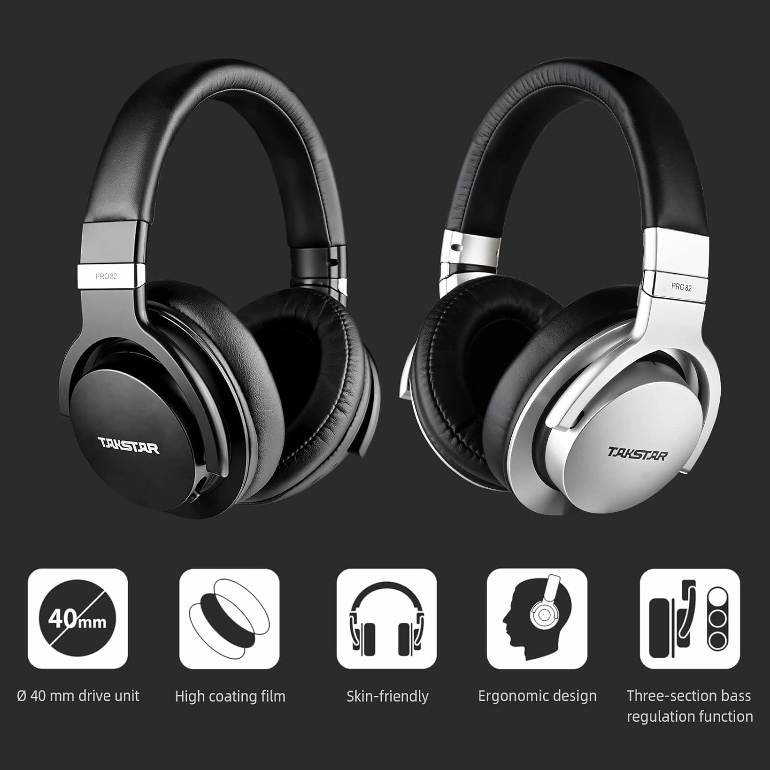 TAKSTAR Over-Ear Monitor Headphones Bass Adjustment HiFi Stereo Dynamic Studio Noise Cancelling Headsets for Recording Monitoring  PRO 82 Black