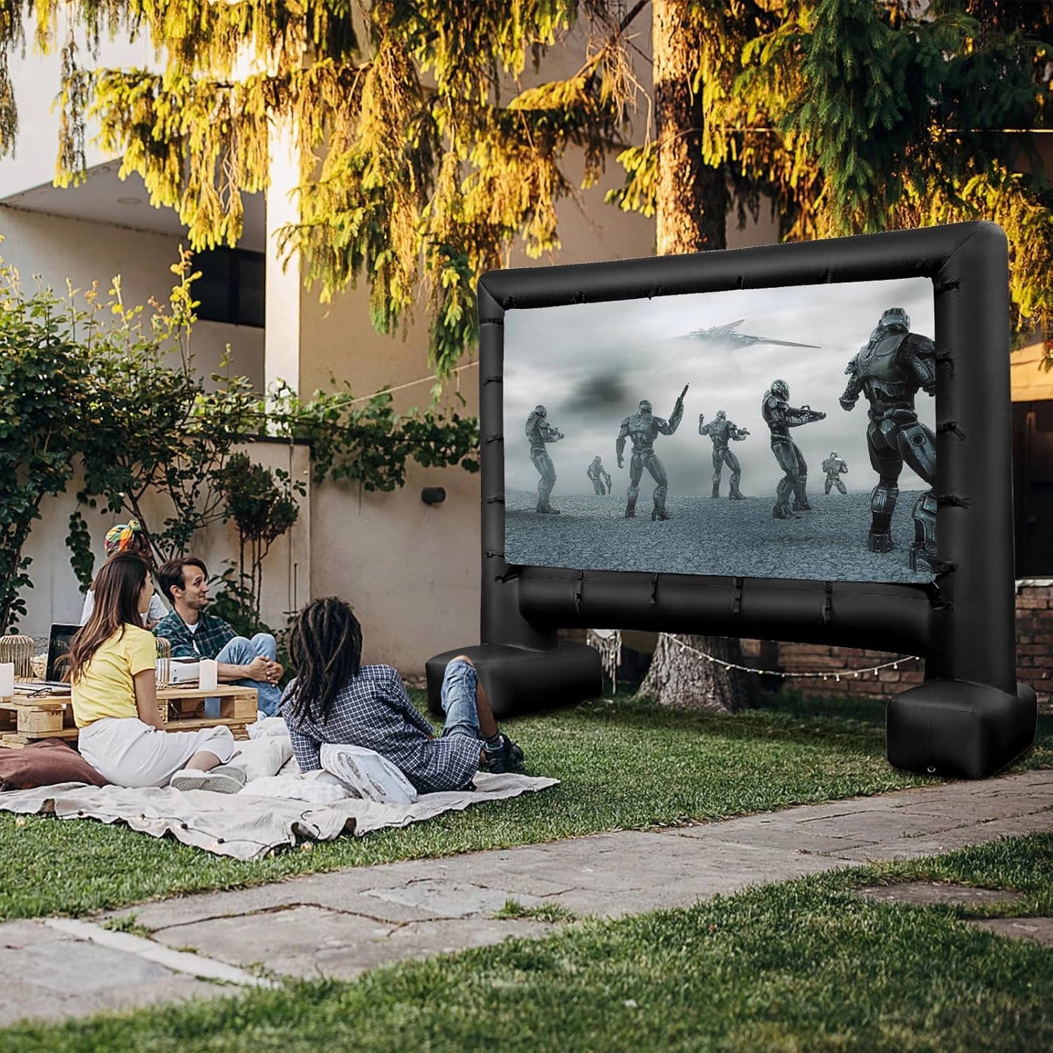 Tangkula 14 FT Inflatable Projector Screen, Blow Up Mega Movie Screen with Air Blower, Storage Bag, Ground Stakes, Easy Set up, Front & Rear Projection for Home Theater Backyard Outdoors