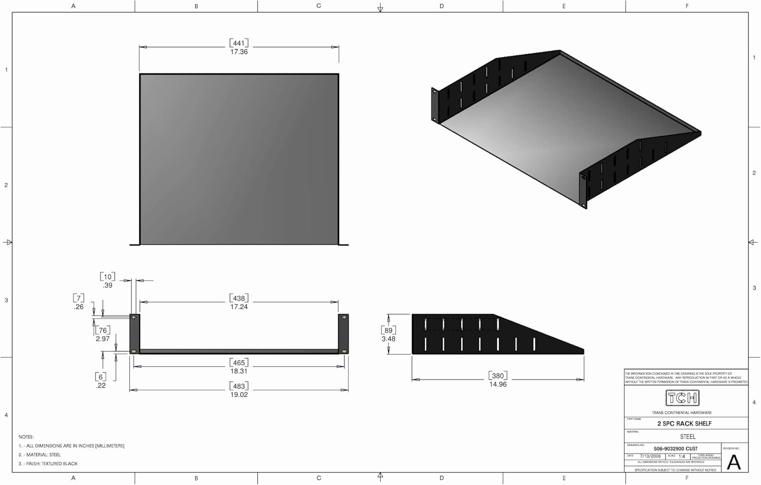 TCH Hardware 2U Space Server AV Rack Mount Utility Shelf - Black Steel 15" Deep