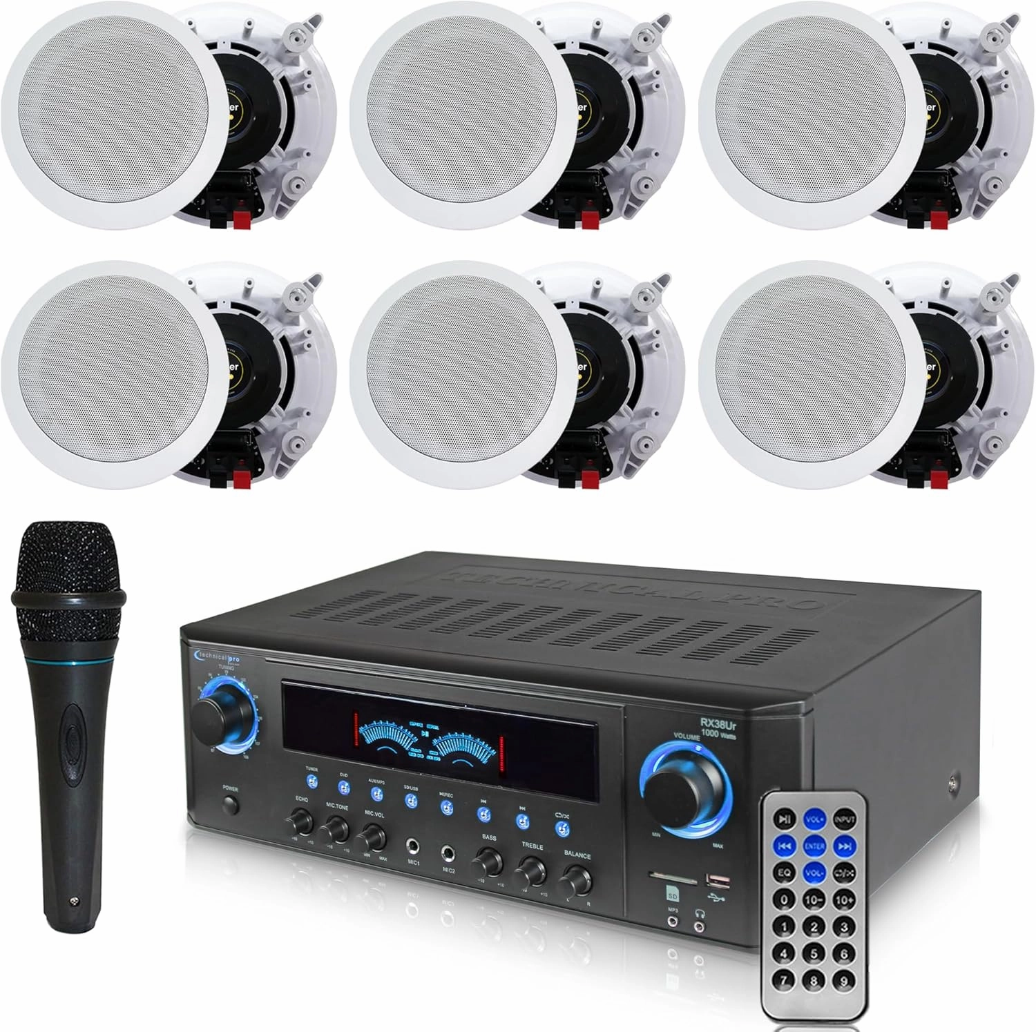 Technical Pro 1000 Watts Professional Home Theater Receiver System Kit w Portable Microphone with Digital Processing and Remote 6 Qty of 5.25 Ceiling Wall Mount Framed Speakers soundbar,TV speaker bar,home theater soundbar,