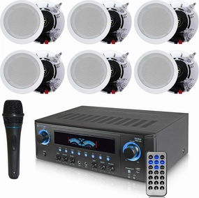 Technical Pro 1000 Watts Professional Home Theater Receiver System Kit w Portable Microphone with Digital Processing and Remote 6 Qty of 5.25 Ceiling Wall Mount Framed Speakers soundbar,TV speaker bar,home theater soundbar,